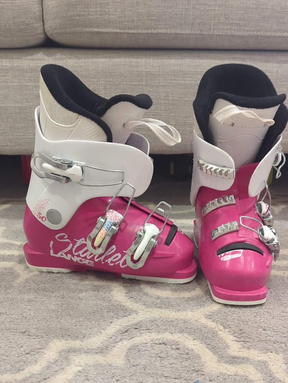 Lange Kids Pink and White Ski Boots